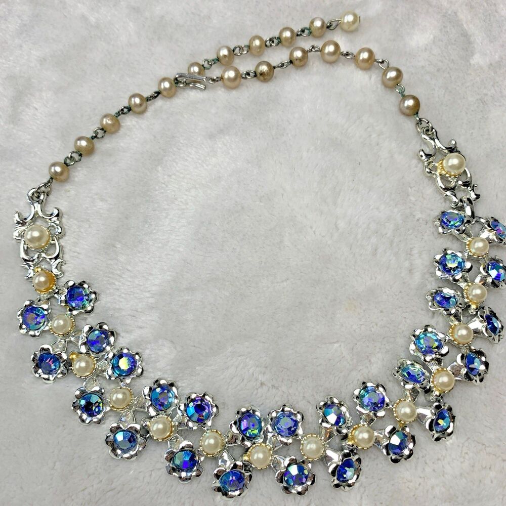 Vintage Blue AB Rhinestone Faux Pearl Statement Necklace Prom Wedding Bib 16"